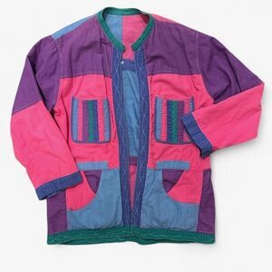 Vintage handmade Patchwork Chore Coat Colorblock Jacket Reversible Boho Sz S-L